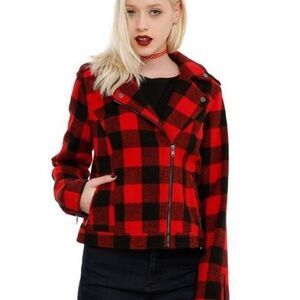 Hot Topic Red and Black Plaid Motot Jacket